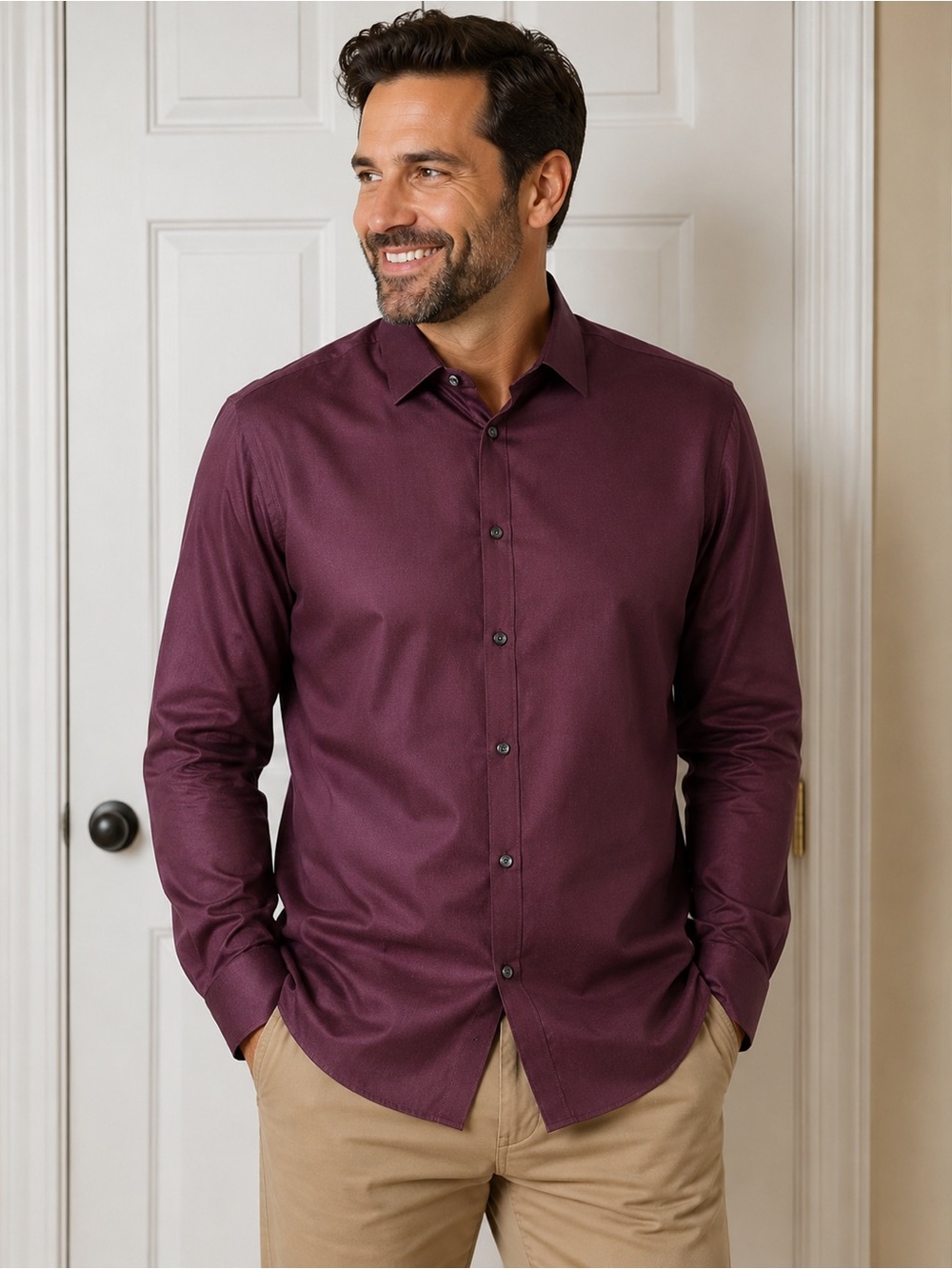 Society Of Threads Men's Button-Down Shirt in Burgundy Skim Fit L